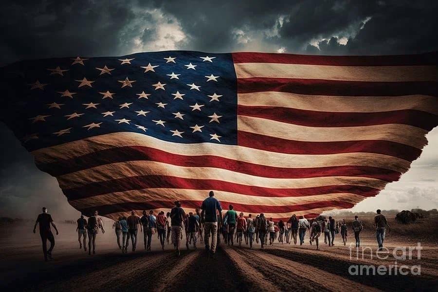 Group carrying a large American flag