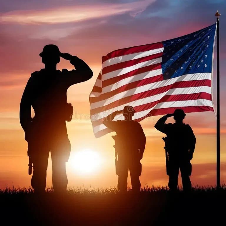 Three soldiers saluting beside the American flag at sunset